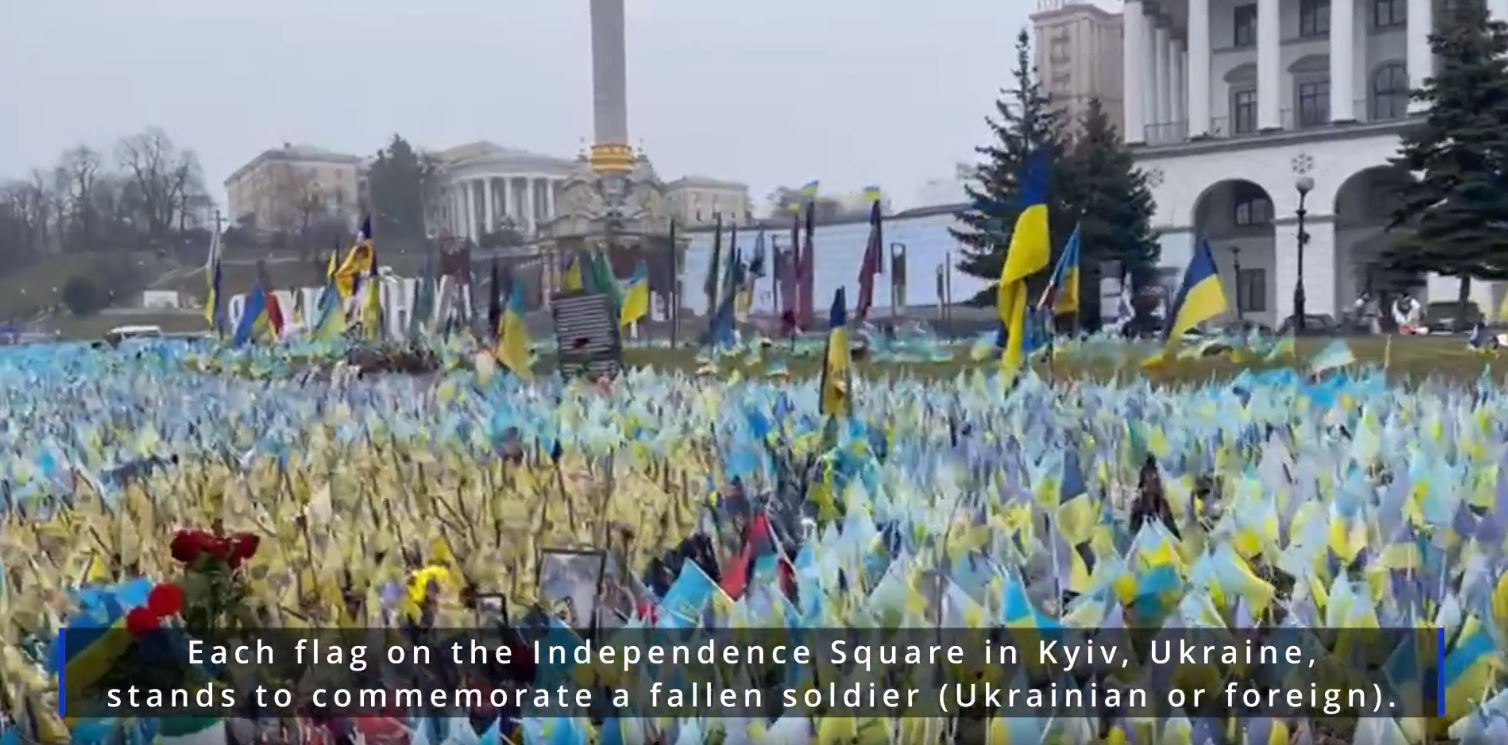 Flags in memory of fallen soldiers, the Independence Square in Kyiv